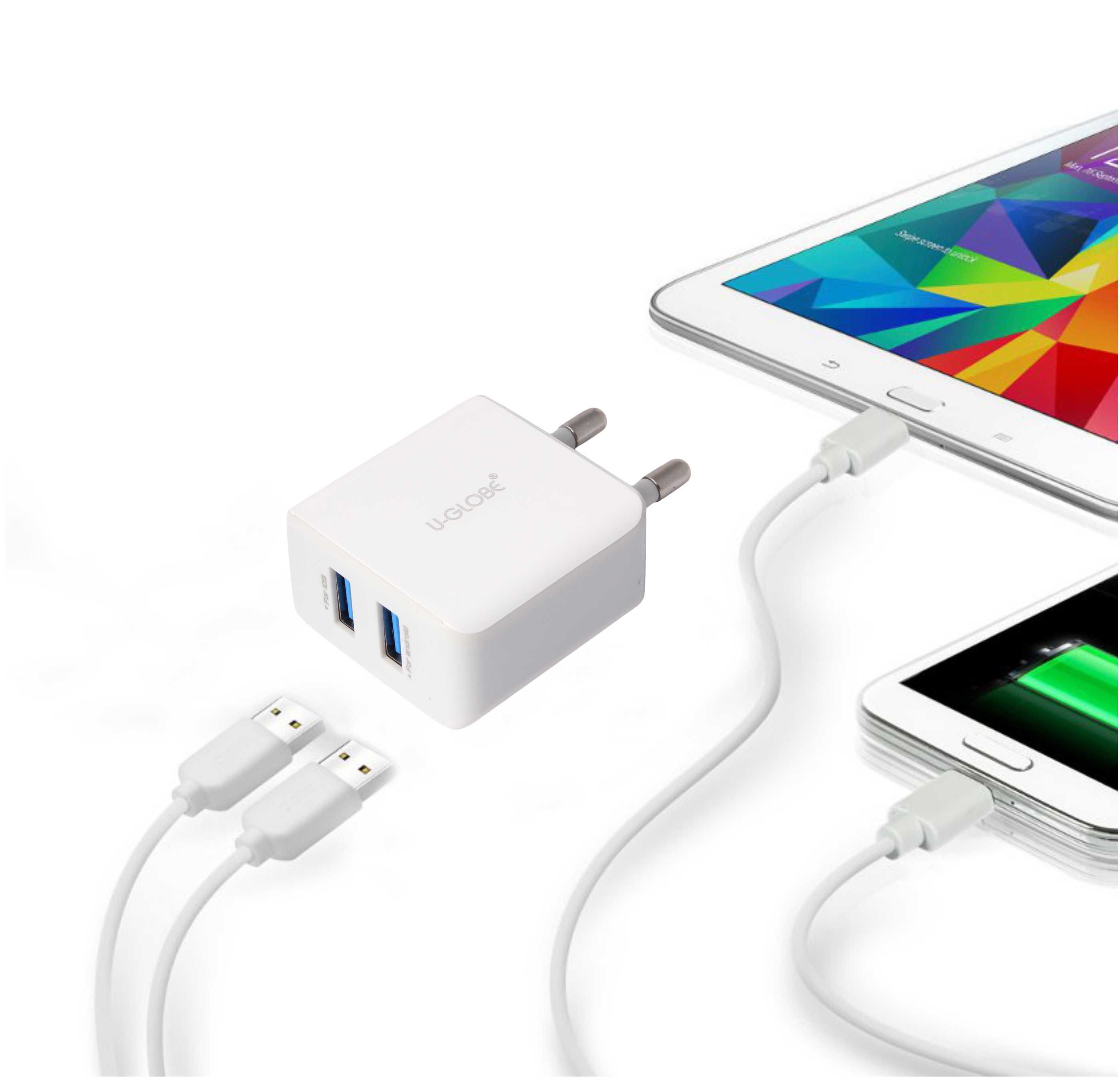 U Globe 2 4 A DUAL USB CHARGER WHITE FOR MOBILE WITH 1 METER USB U Globe 2 4 A DUAL USB CHARGER WHITE FOR MOBILE WITH 1 METER
