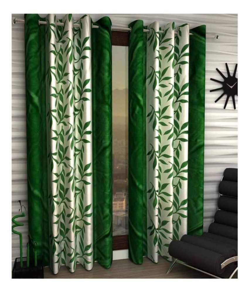     			Panipat Textile Hub Floral Semi-Transparent Eyelet Door Curtain 7 ft Pack of 2 -Green