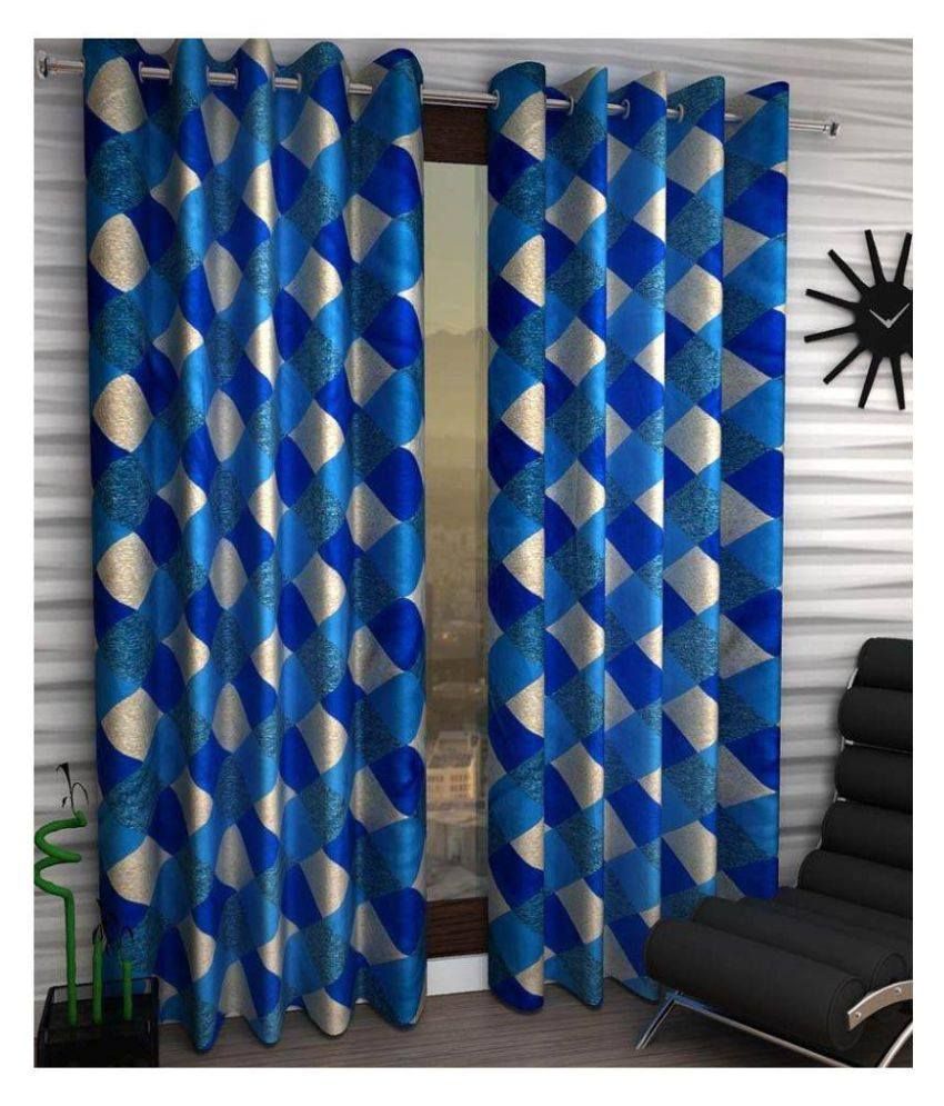     			Panipat Textile Hub Checks Semi-Transparent Eyelet Door Curtain 7 ft Pack of 2 -Blue