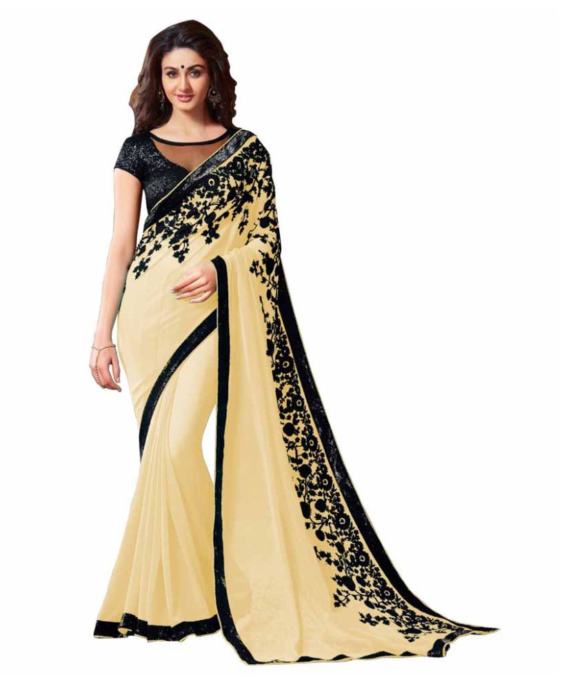     			AV Fashion Black and Beige Chiffon Saree