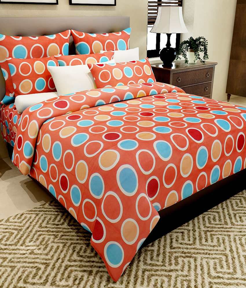     			Home Candy Orange Geometrical Cotton Double Bedsheet With 2 Pillow Covers
