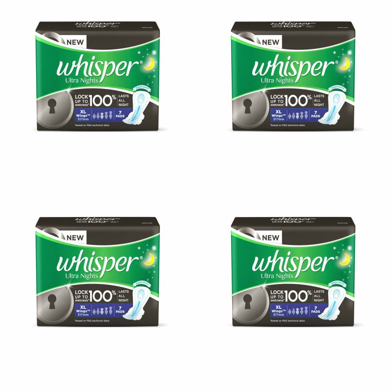 Whisper Ultra Night XL Wings Extra Heavy Flow 7 Pads Pack of 4