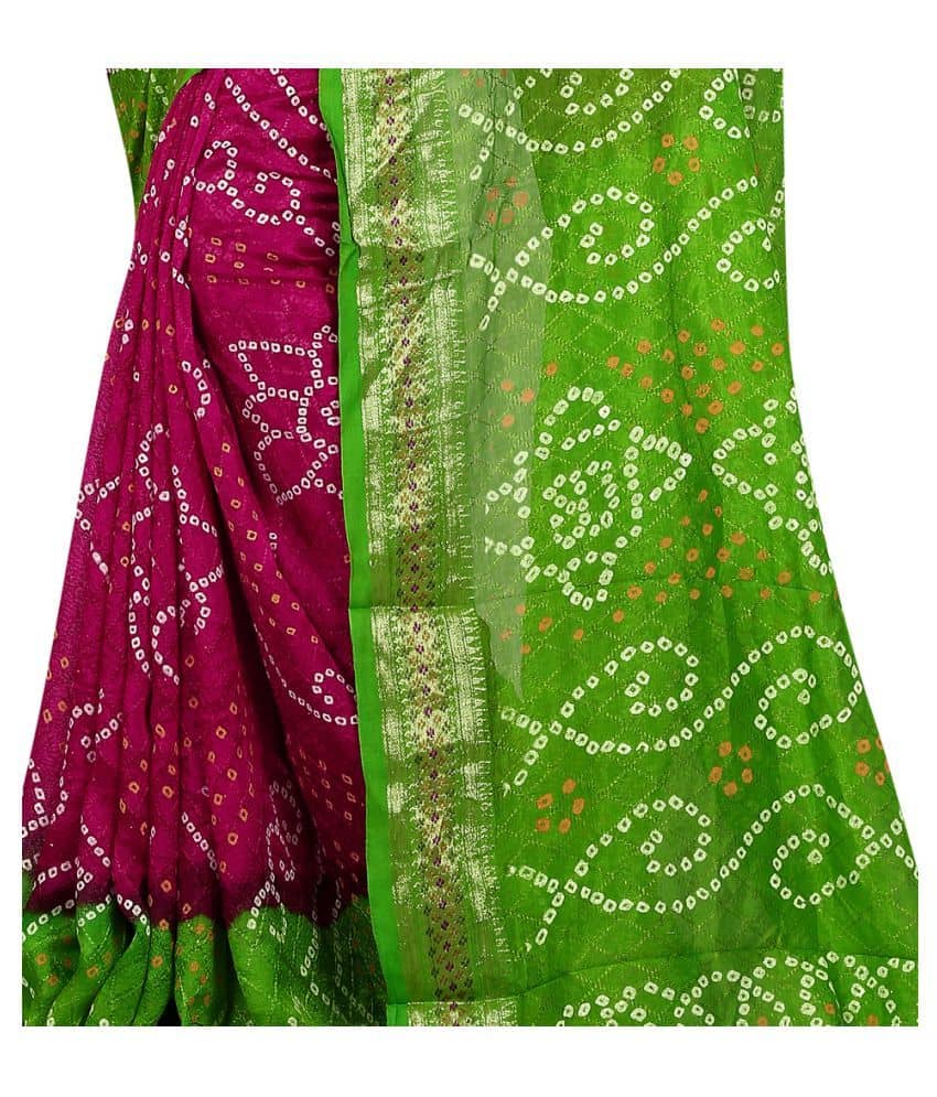 green red bandhani saree