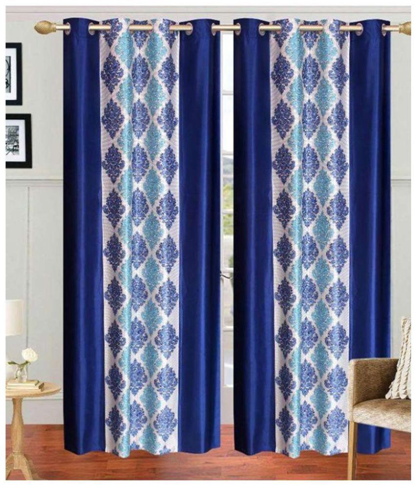     			Tanishka Fabs Floral Semi-Transparent Eyelet Door Curtain 7 ft Pack of 2 -Blue