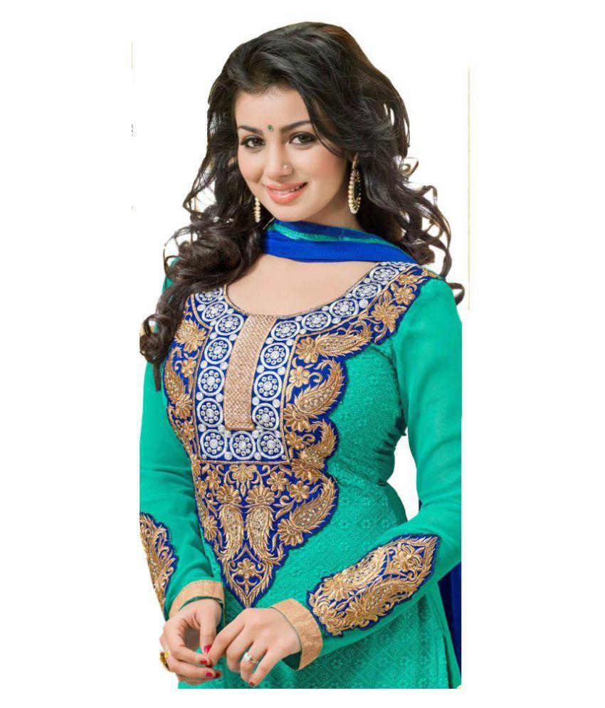 Zombom Green and Blue Georgette Dress Material - Buy Zombom Green and ...