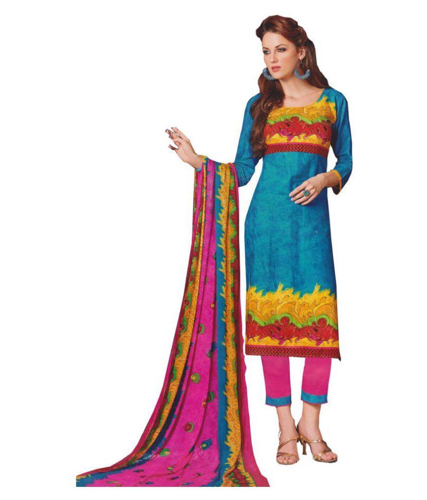 Suryajyoti Yellow and Blue Cotton Dress Material Buy Suryajyoti