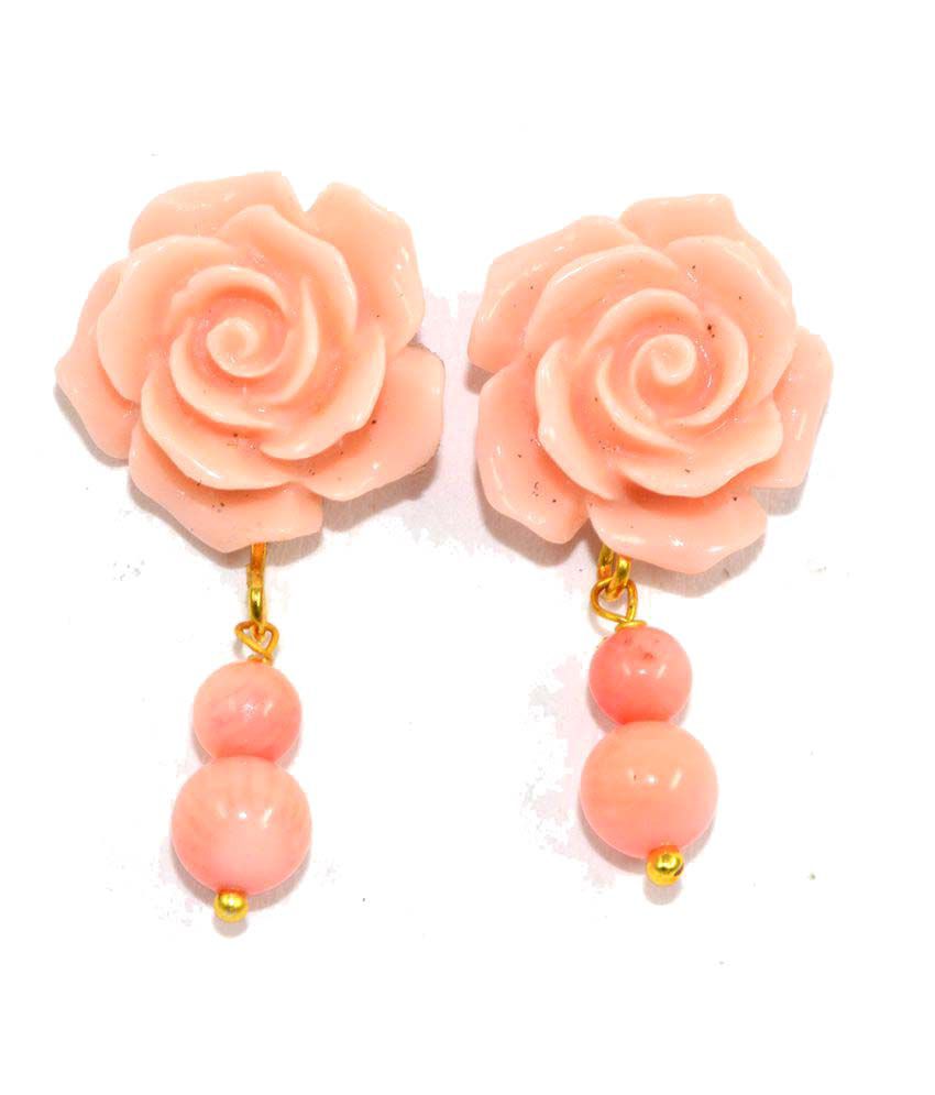 Taiwan Coral Flowers & Coral Gemstone With Gold Plated Dangle Earrings ...