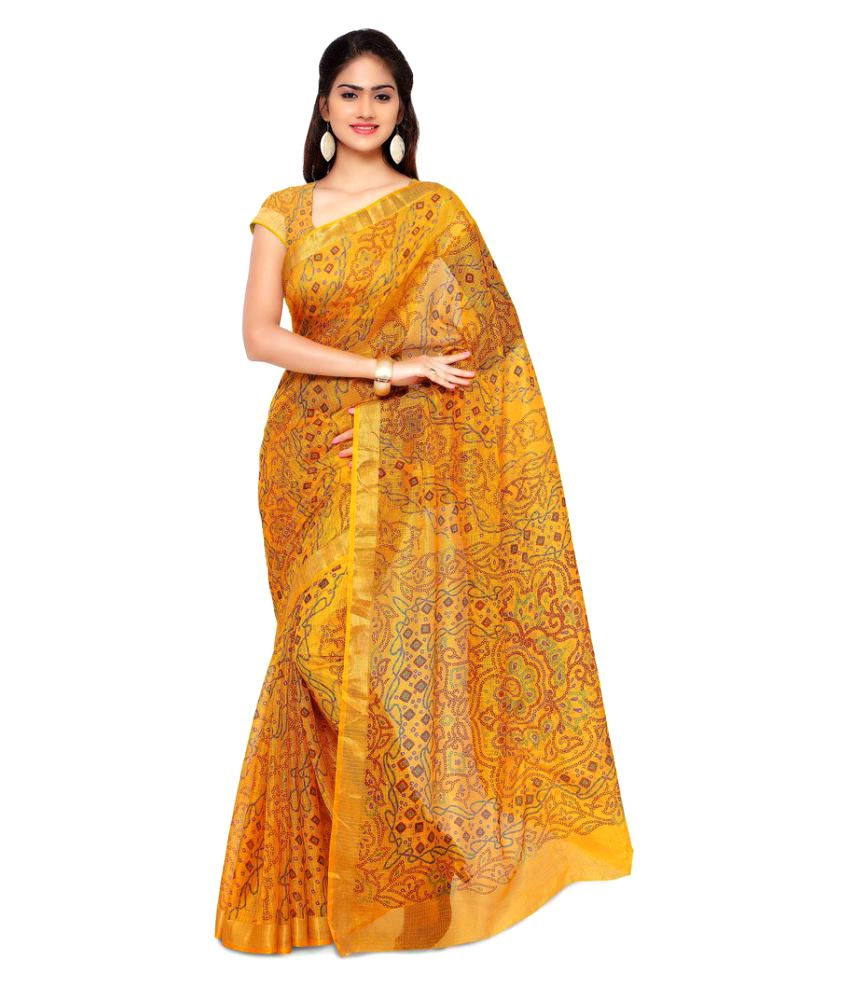 Rajnandini Yellow and Orange Kora Silk Saree - Buy Rajnandini Yellow ...