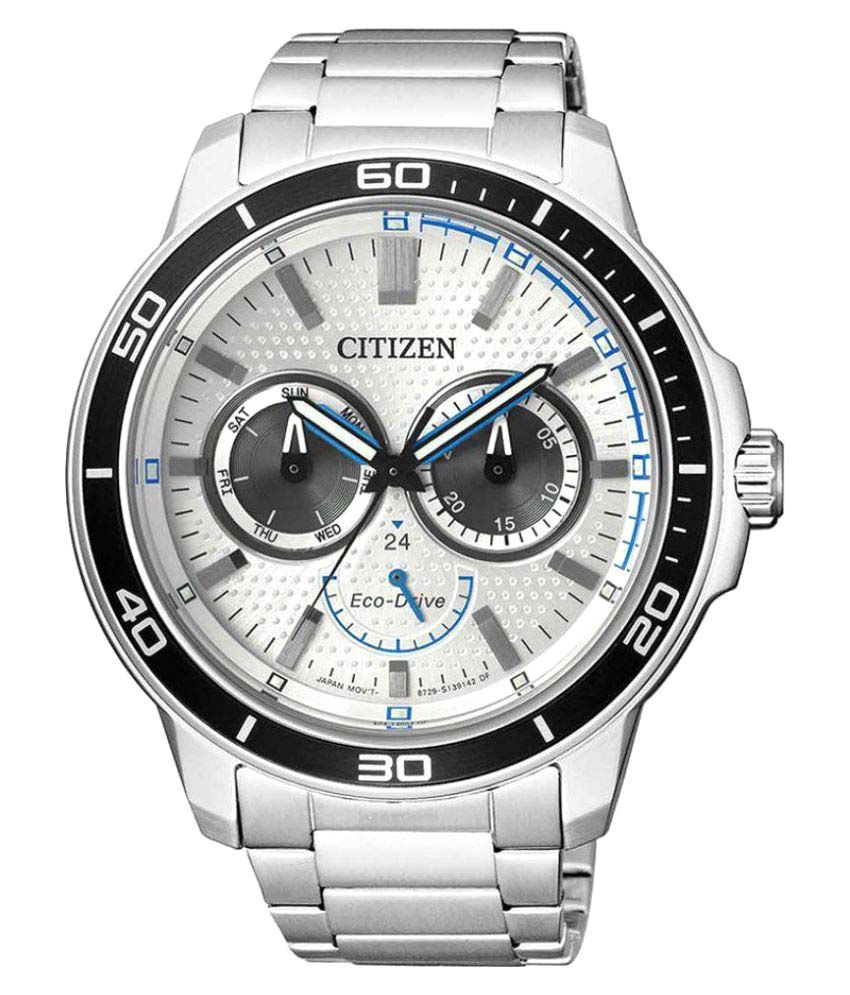 citizen silver watch with blue face