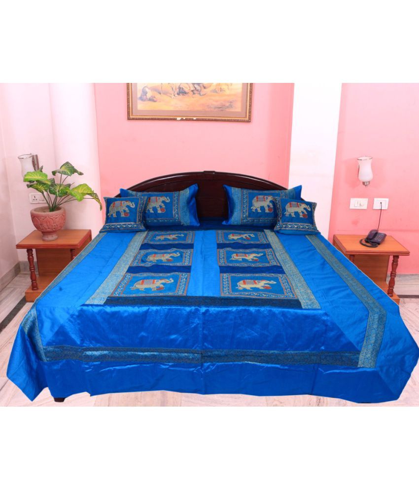 Jaipuri Collection King Silk Blue Embroidery Bedcover Set of 5 Buy