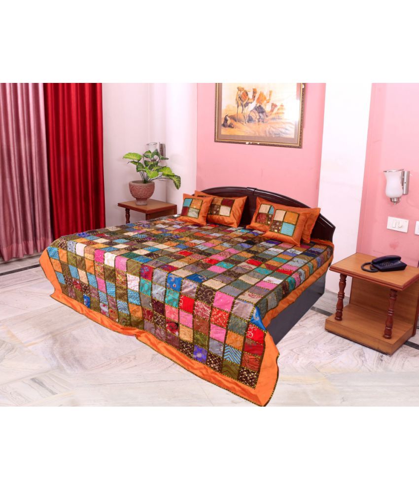 Jaipuri Collection King Silk Multi Embroidery Bedcover Set of 5 Buy