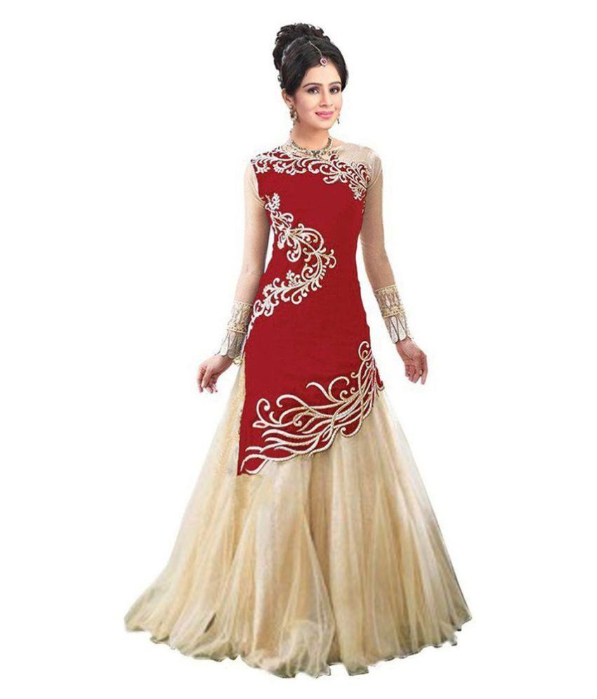     			Rudra Fashion Red and Beige Velvet Anarkali Gown Semi-Stitched Suit