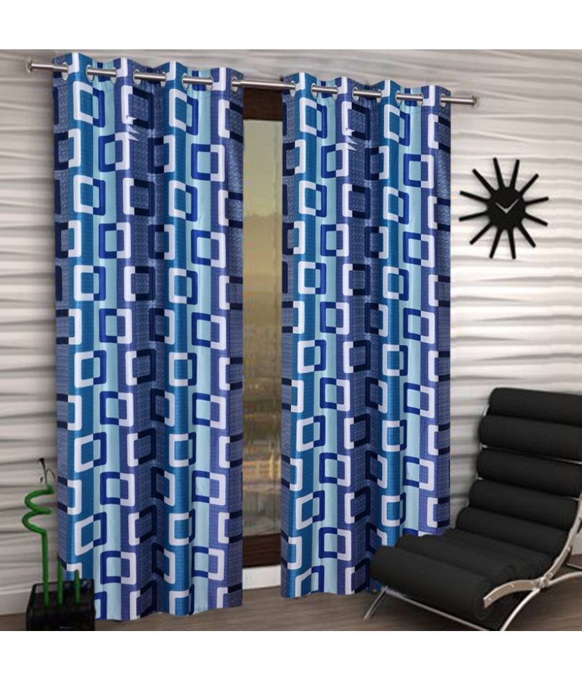     			Panipat Textile Hub Geometrical Semi-Transparent Eyelet Door Curtain 7 ft Pack of 2 -Blue