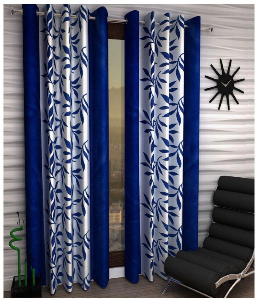     			Panipat Textile Hub Floral Semi-Transparent Eyelet Door Curtain 7 ft Pack of 2 -Blue