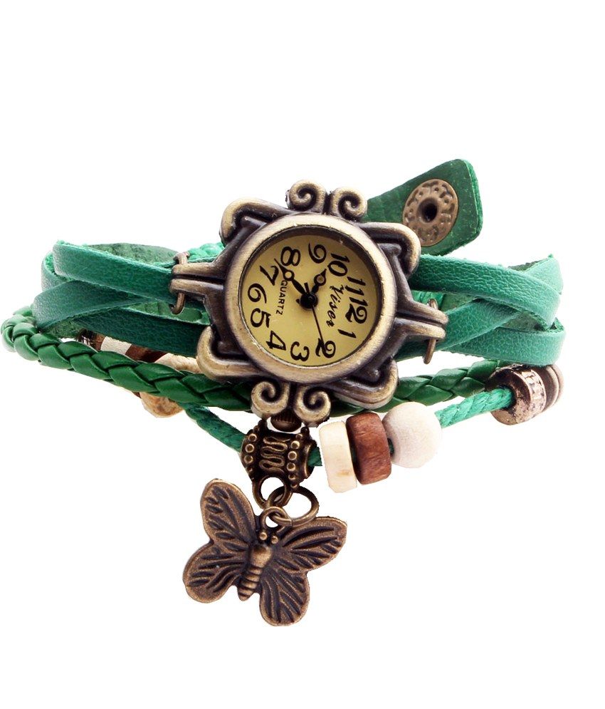 Ravishing Unique Designer Vintage Leather Green Butterfly Bracelet