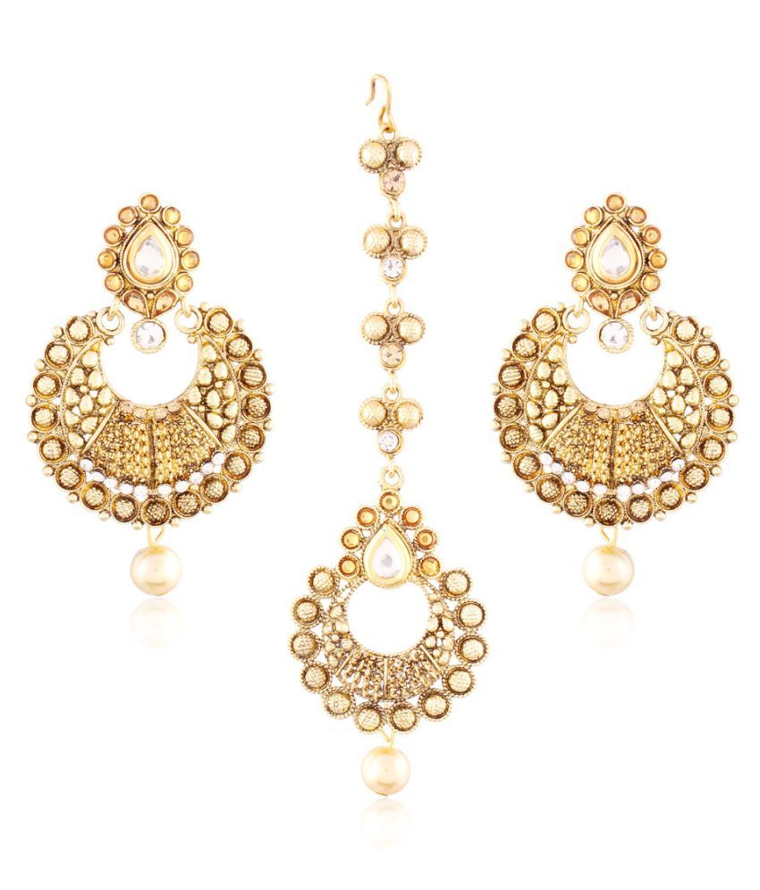 I Jewels Traditional Golden Earring Set With Maang Tikka I Jewels Traditional Golden Earring Set With Maang Tikka