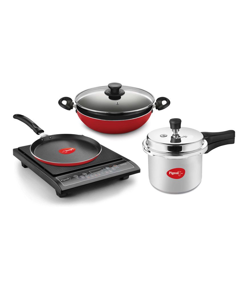 Pigeon Sterling 5 Pc Induction Based Kitchen Combo ( 1 Induction Cooktop+3 Ltr Pressure Cooker+ 3 mm -Heavy Kadhai with Lid 200 mm+ 3 mm Heavy 250 mm Tawa )