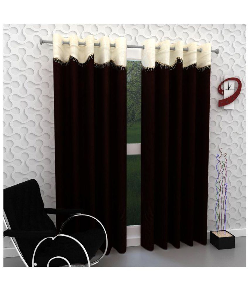     			Panipat Textile Hub Floral Semi-Transparent Eyelet Door Curtain 7 ft Pack of 2 -Brown