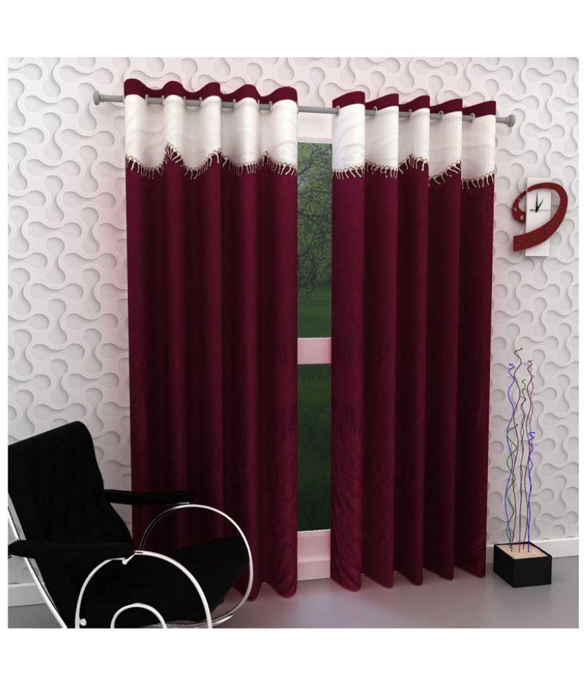     			Panipat Textile Hub Floral Semi-Transparent Eyelet Door Curtain 7 ft Pack of 2 -Maroon