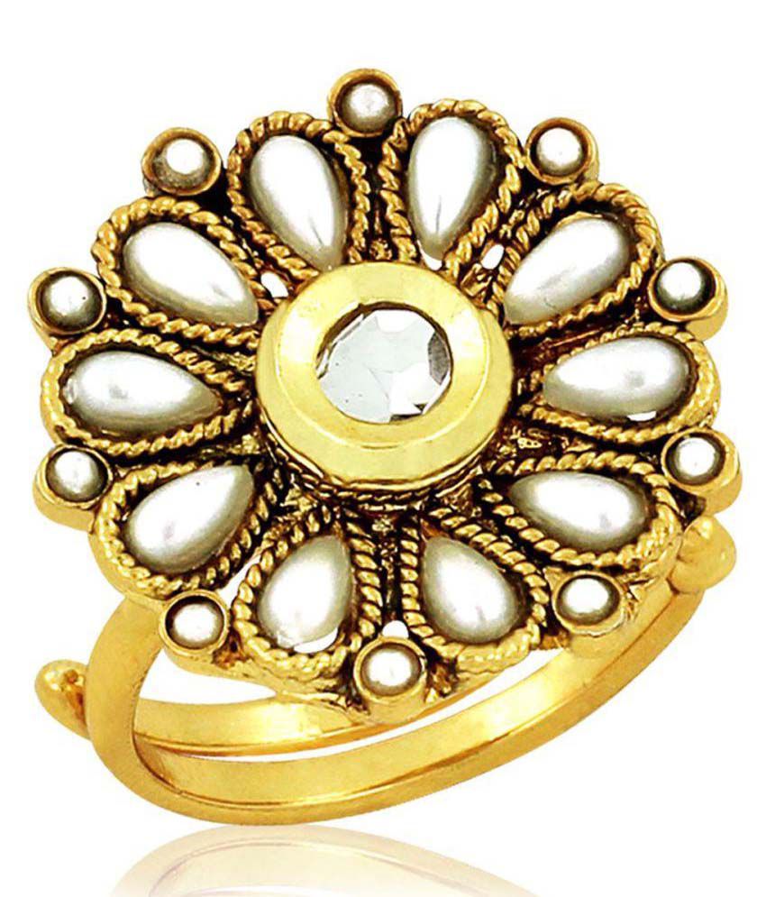     			Spargz Traditional Wedding Wear Golden Brass American Diamond & Pearl Adjustable Finger Ring For Women