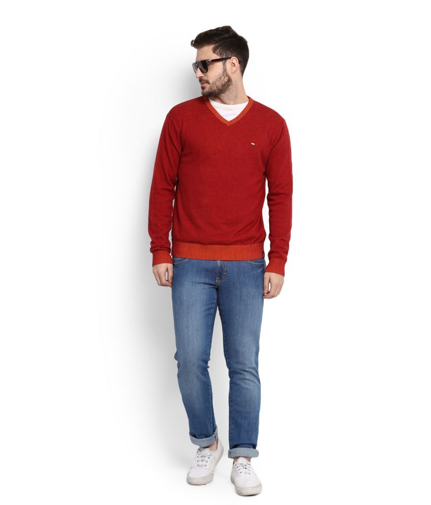 red v neck sweater mens outfit