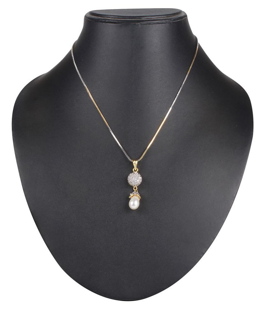 Ds Gold Plated American Diamond Pearl Pendant Set With Chain And