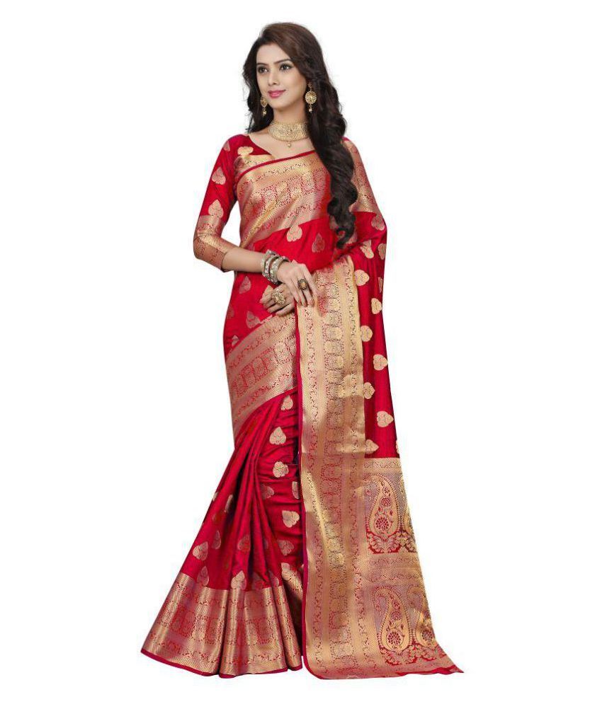 Kenil Chaturbhai Korat Red and Beige Banarasi Silk Saree - Buy Kenil ...