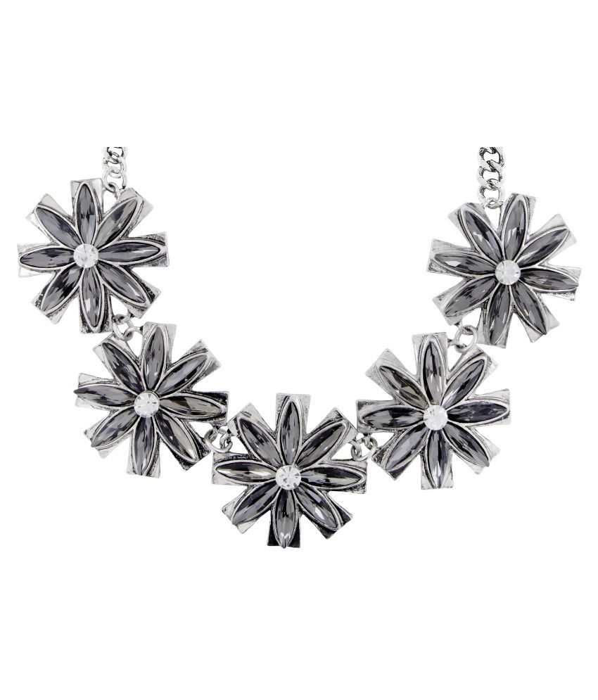    			The Jewelbox Flower Grey Crystal Antique Oxidized Slver Plated Necklace for Girls Women