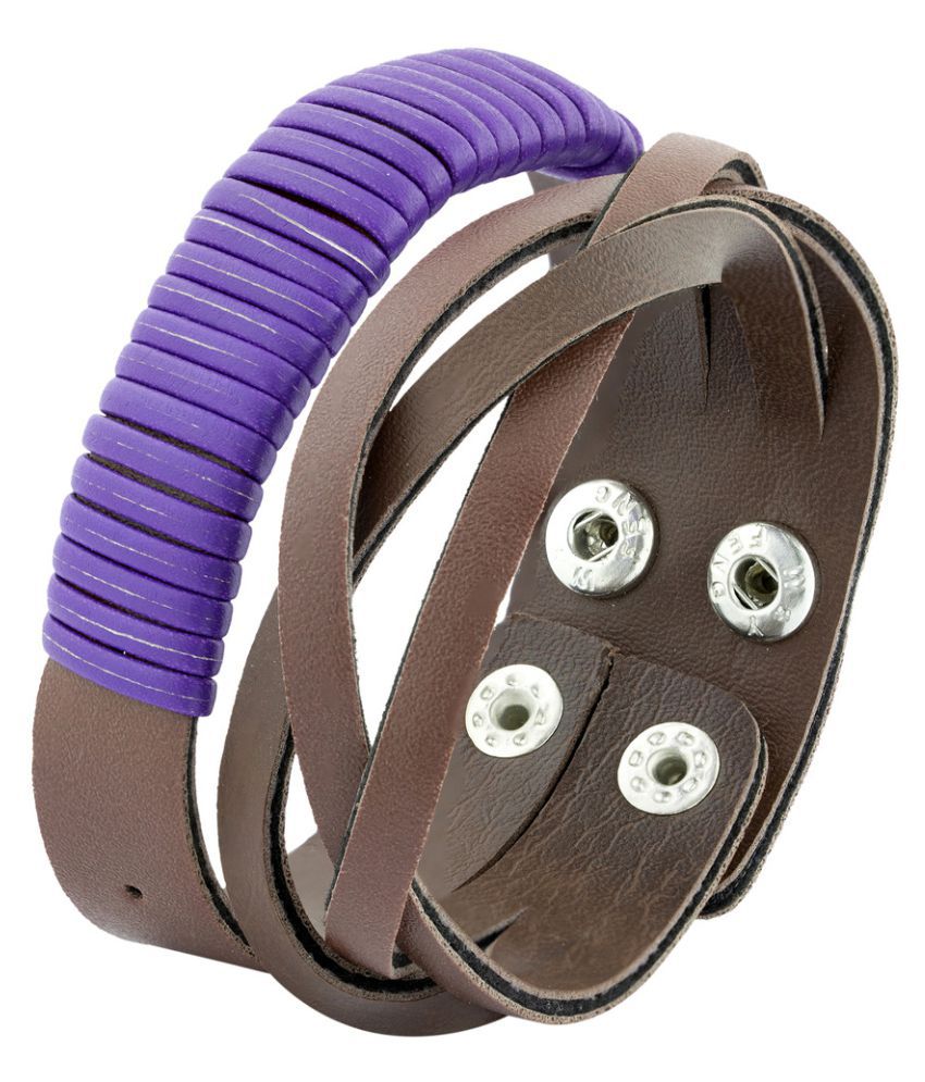 The Jewelbox Funky Biker Purple Brown Faux Leather Wrist Band Free Size Strap Bracelet For Men