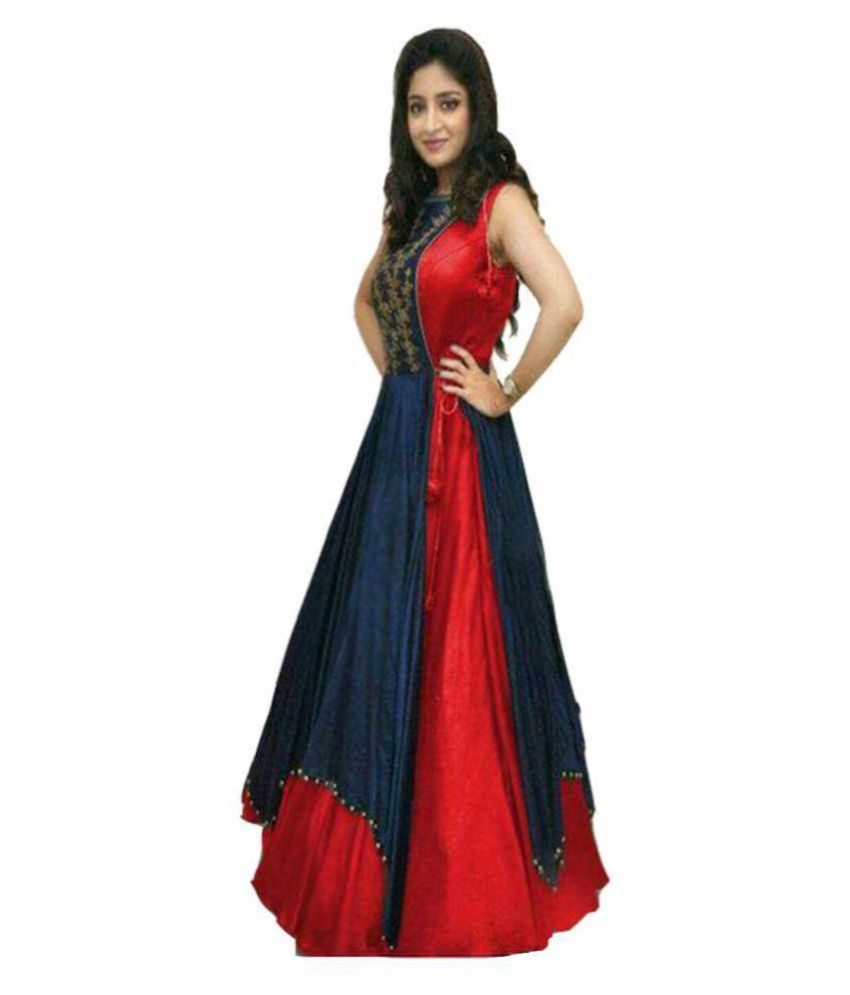 Megha Designer Blue and Red Bangalore Silk Anarkali SemiStitched Suit Buy Megha Designer Blue