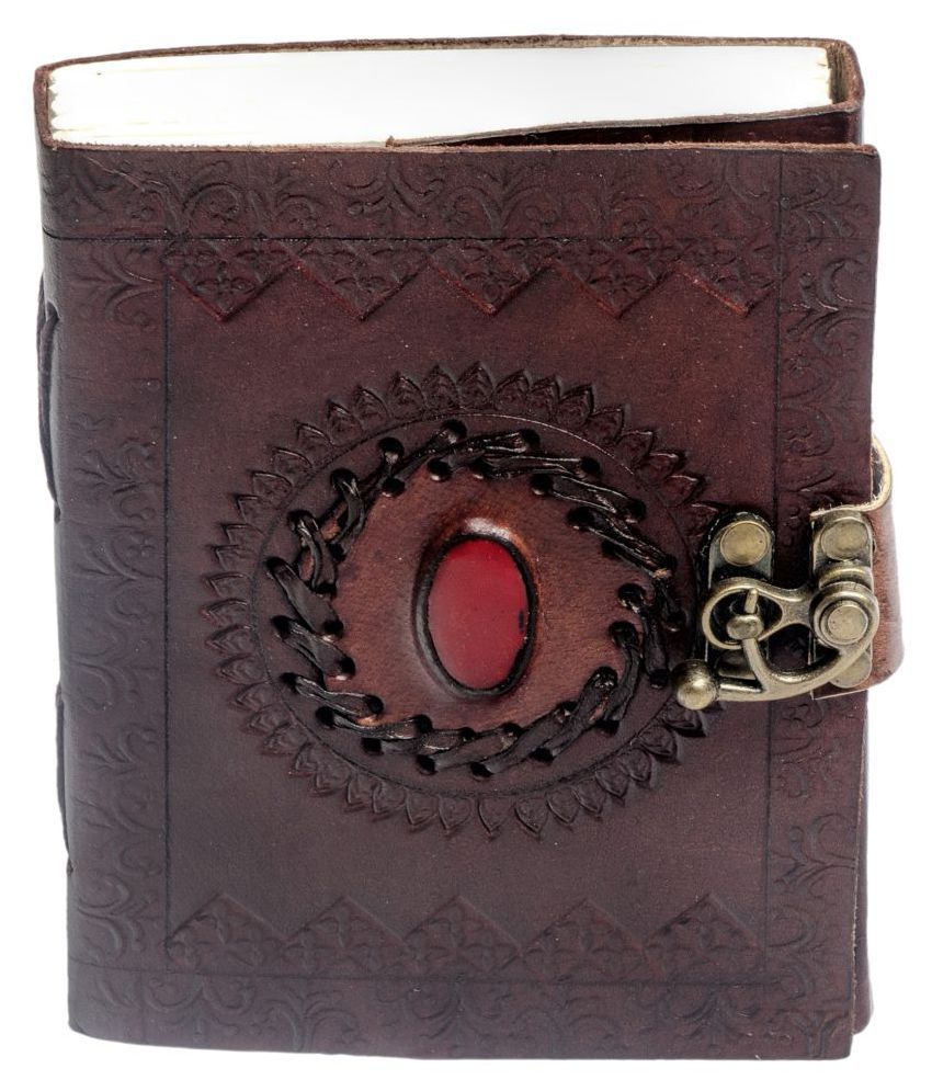     			Pranjals house Pure Genuine Real Vintage Hunter Leather Handmade paper Notebook Dairy For office Home to Write Poem Daily Update With attractive Metal Lock and Engraved Shinning Red Stone - Size of (H) 6*(L) 4 Inch