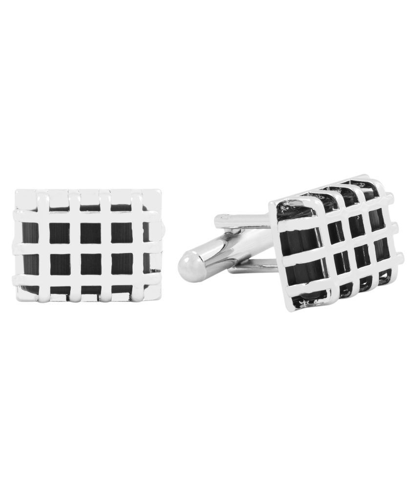     			The Jewelbox Glossy Recangle Wide Inside Black Crystal Silver Rhodium Plated Brass Cufflink Pair For Men