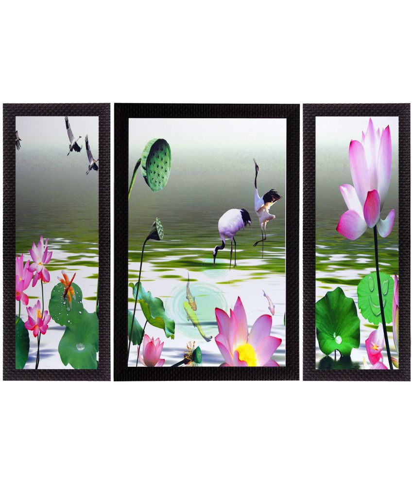     			Ecraftindia  Colorful Flora Fauna Satin Matt Texture UV Art  Multicolor Wood Painting With Frame Set of 3