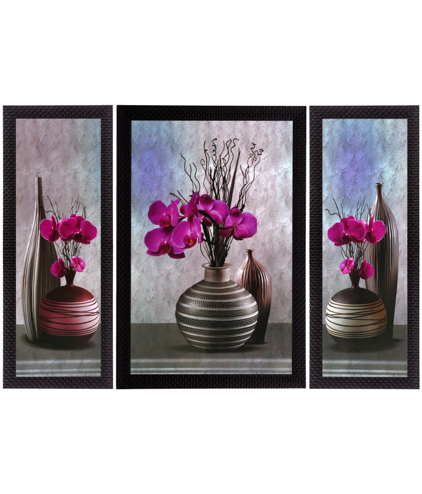     			eCraftIndia Flower and Vase Satin Matt Texture Wood Painting With Frame Set of 3