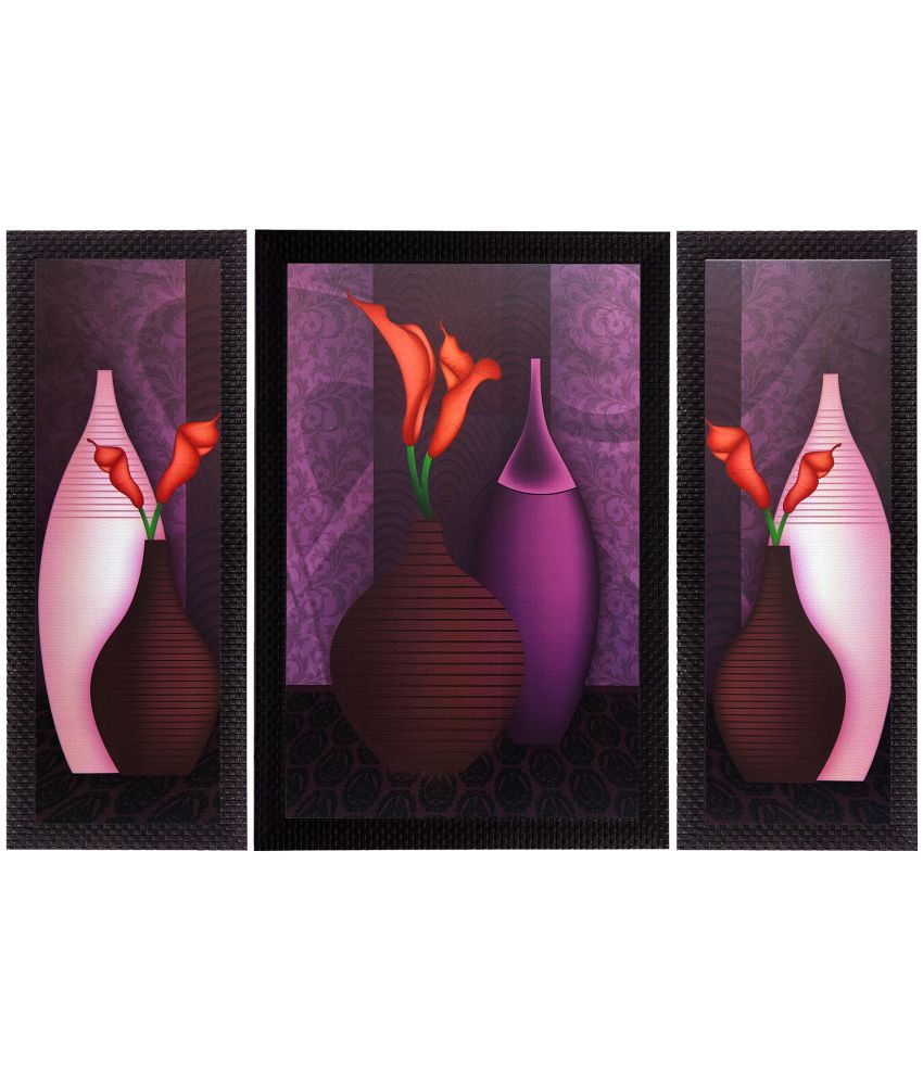     			eCraftIndia Colourful Vases Satin Matt Texture UV Art Wood Painting With Frame Set of 3