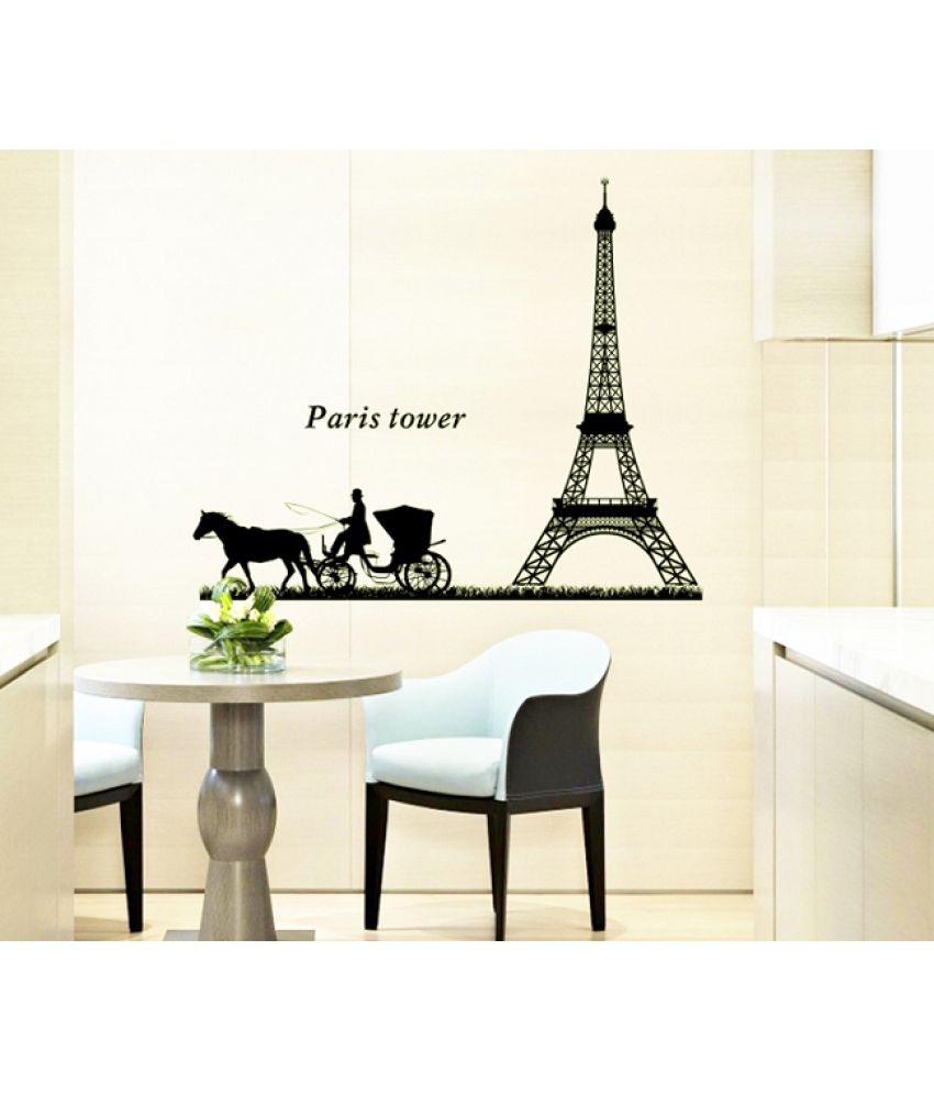     			Jaamso Royals Eiffel Tower with Horse Car Designs PVC Black Wall Stickers