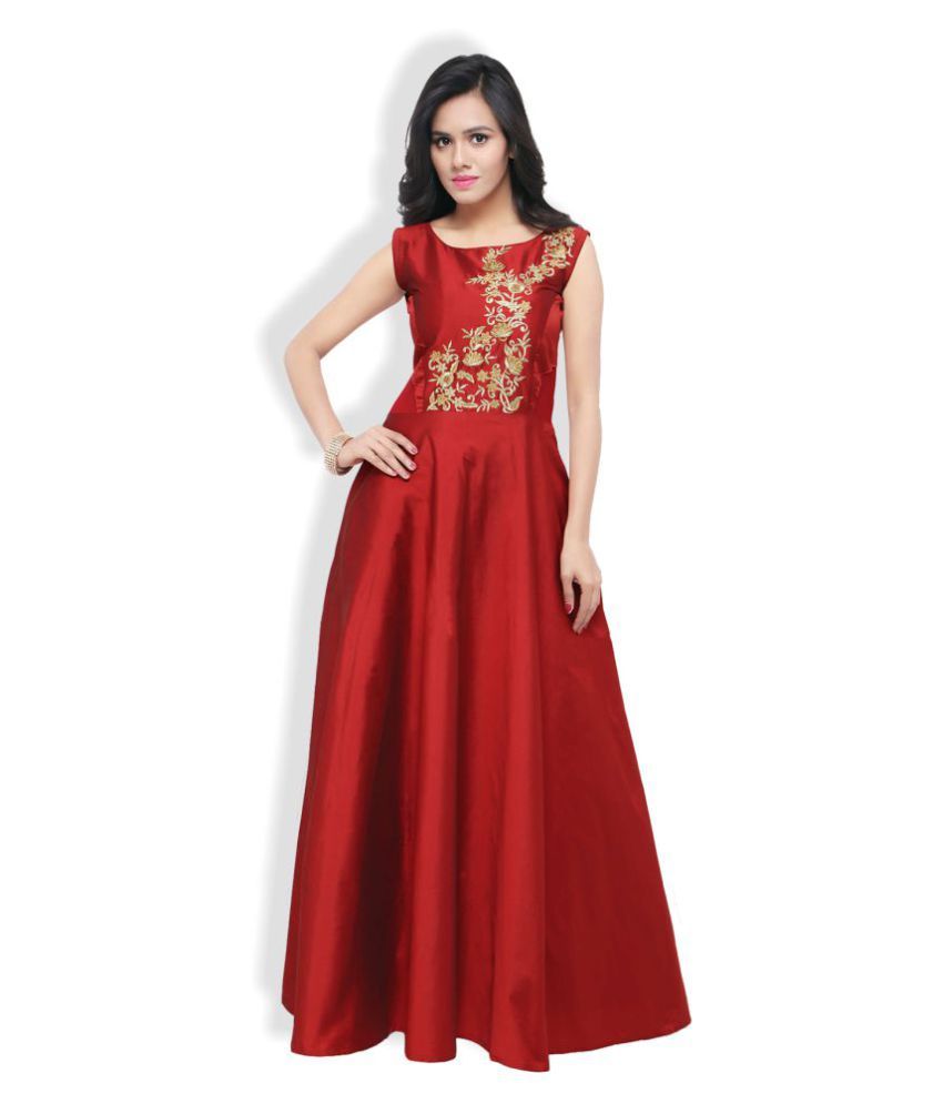 Vandvshop Red Silk Anarkali Gown Semi-Stitched Suit - Buy Vandvshop Red Silk Anarkali Gown Semi 