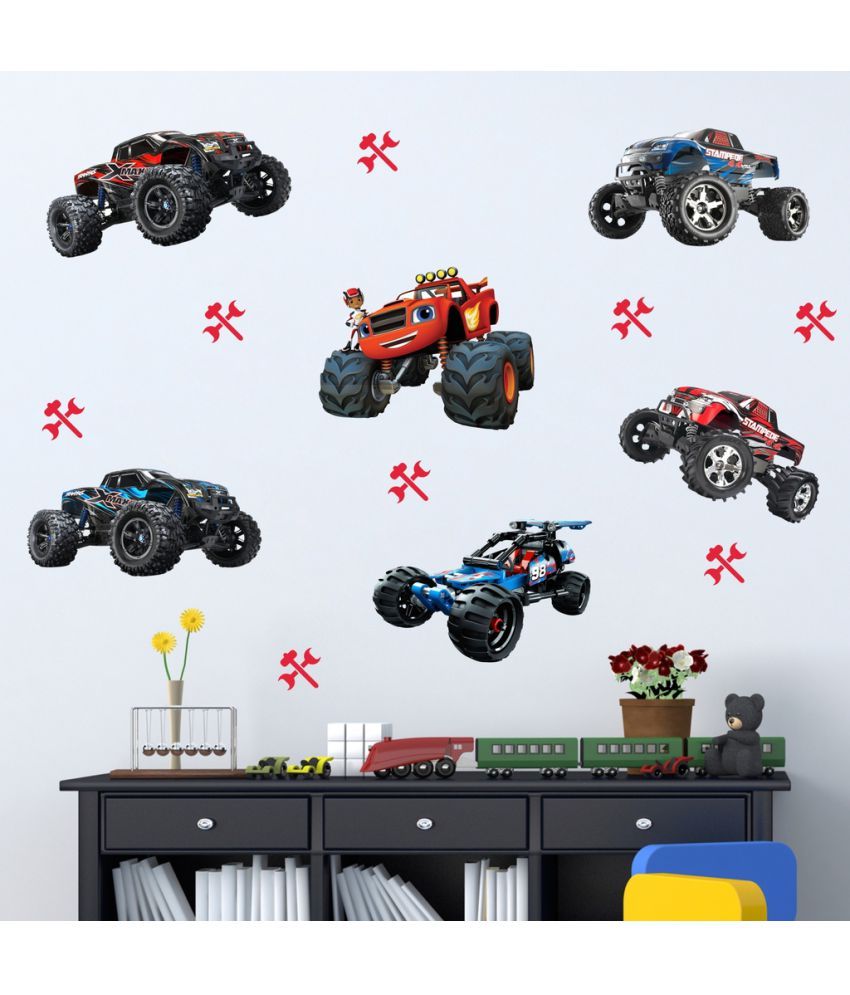 Decor Kafe Monster Trucks Pvc Vinyl Multicolour Wall Sticker