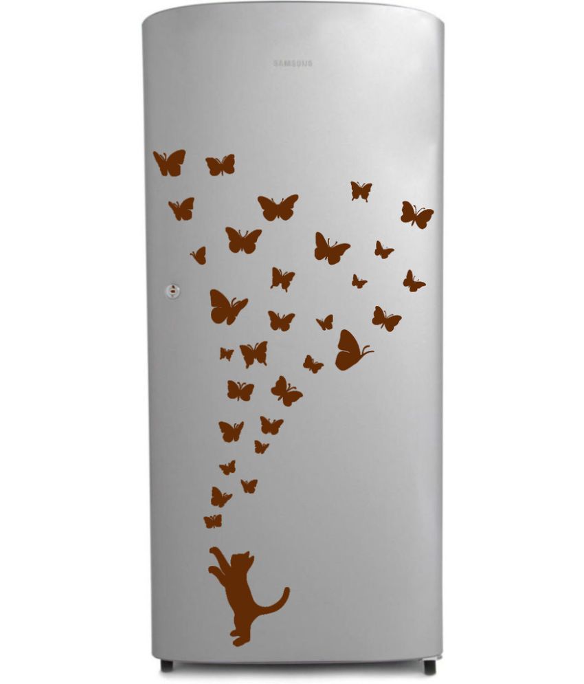     			Decor Villa Cat with Butterfly PVC Refrigerator Sticker - Pack of 1