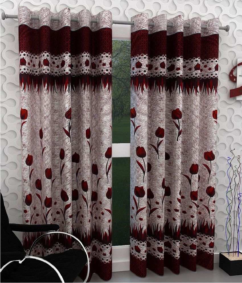     			Homefab India Floral Semi-Transparent Eyelet Long Door Curtain 9ft (Pack of 2) - Maroon