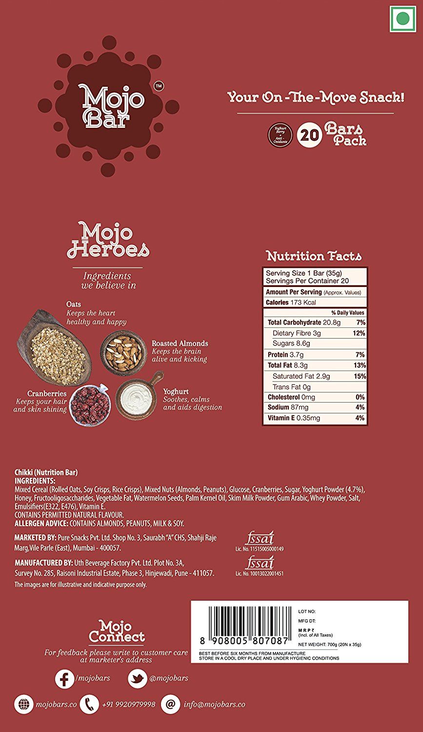 Mojo Bar Snack Bar Yoghurt Berry Granola 700 gm Pack of 20 Buy Mojo