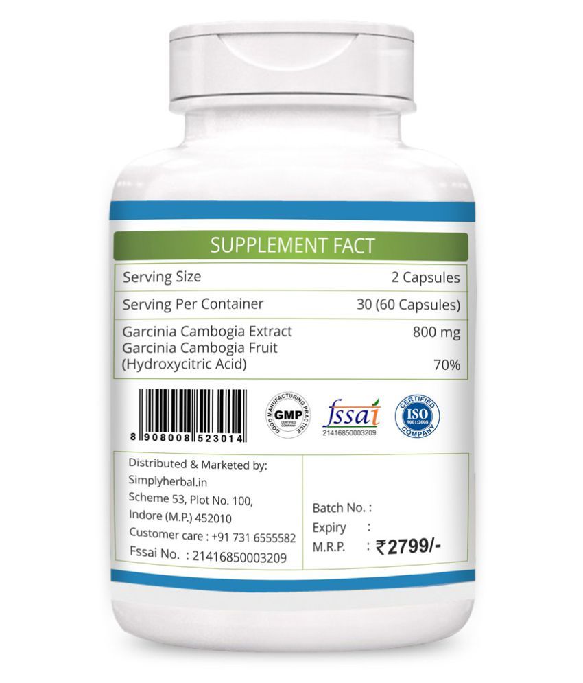 Simply Herbal Garcinia Cambogia 70HCA +GreenTea +Guggul 800mg 60 no.s Fat Burner Capsule Pack