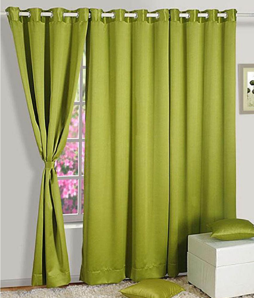     			Panipat Textile Hub Solid Semi-Transparent Eyelet Door Curtain 7 ft Pack of 3 -Green