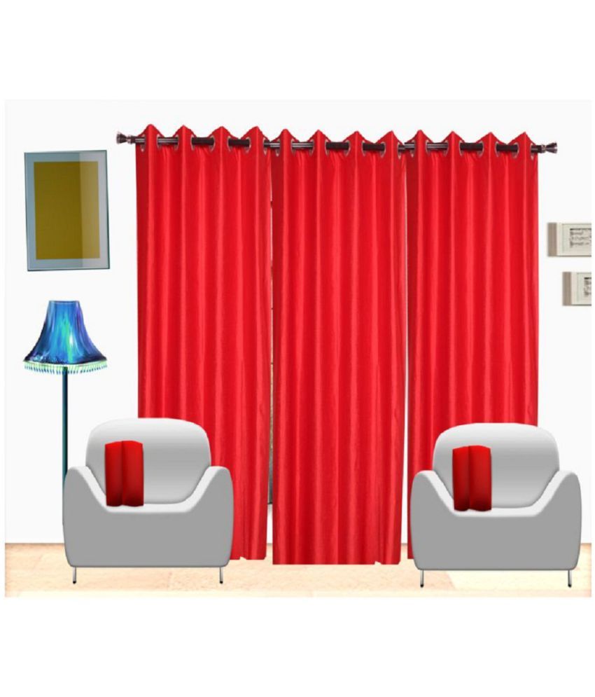     			Panipat Textile Hub Solid Semi-Transparent Eyelet Door Curtain 7 ft Pack of 3 -Red