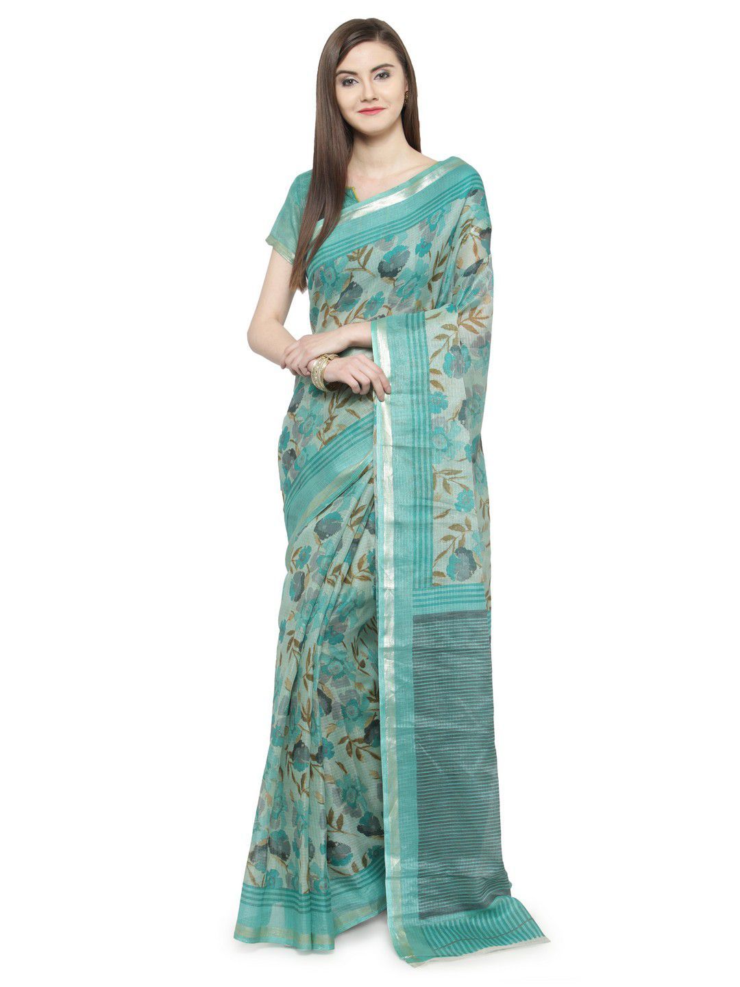     			Shaily Green and Grey Cotton Silk Saree