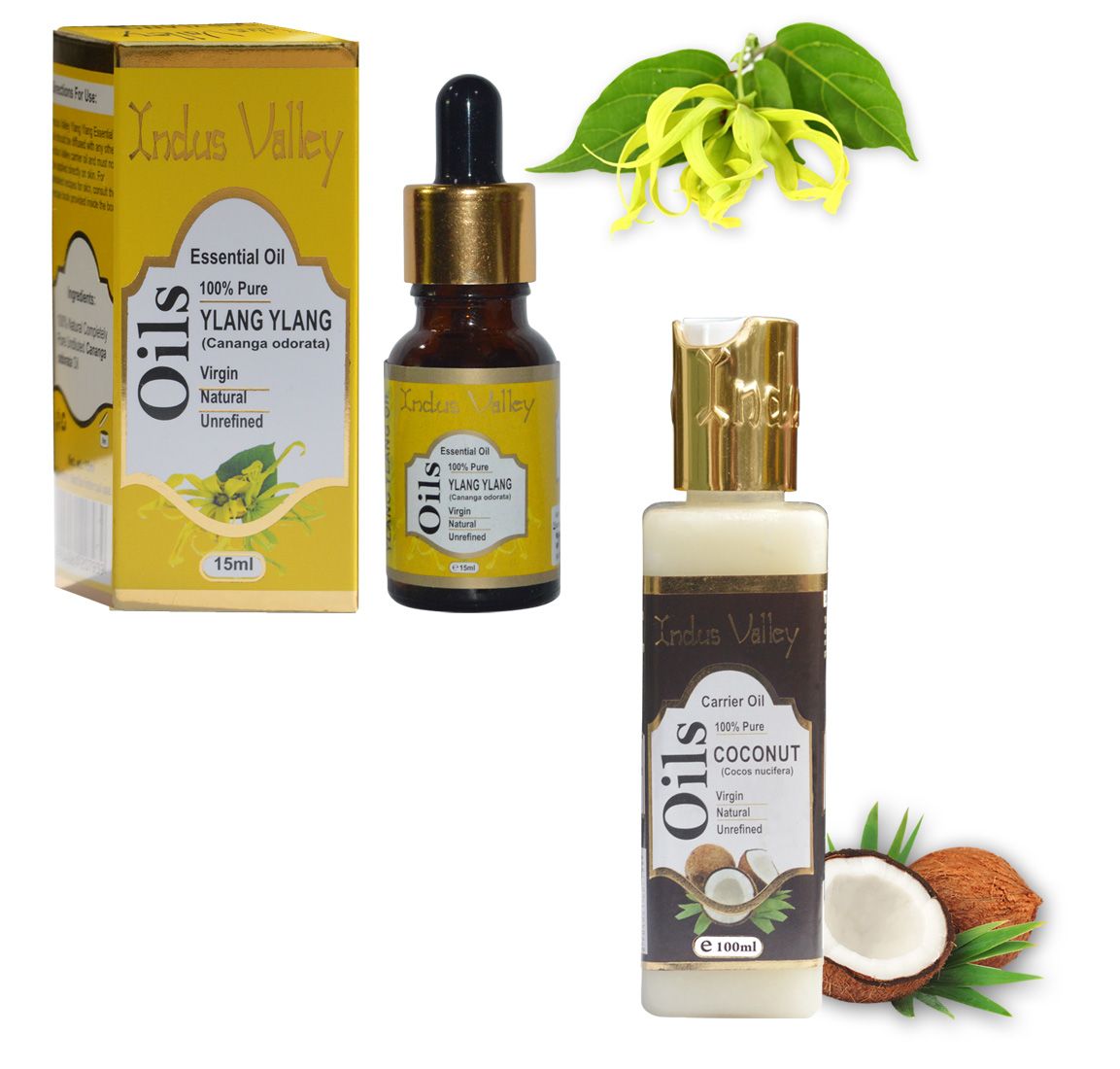     			Indus Valley Ylang Ylang Essential Oil with Coconut Carrier Oil Combo Pack