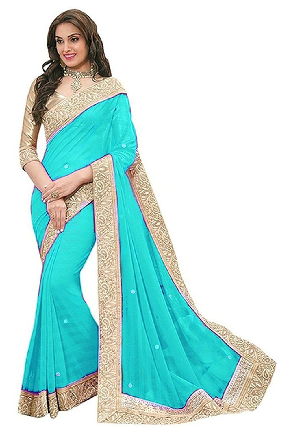 New Design Saree Blue and Beige Chiffon Saree - Buy New Design Saree ...