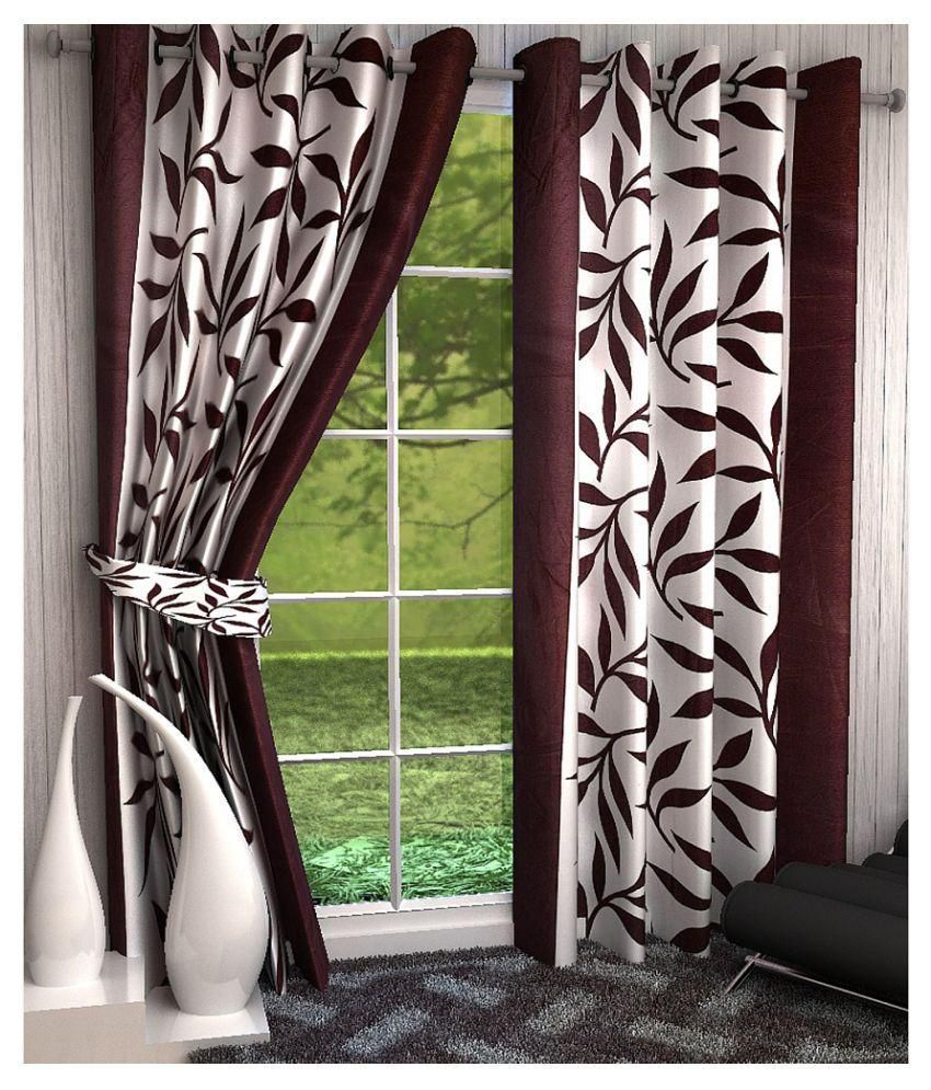     			Panipat Textile Hub Floral Semi-Transparent Eyelet Window Curtain 5 ft Pack of 2 -Brown