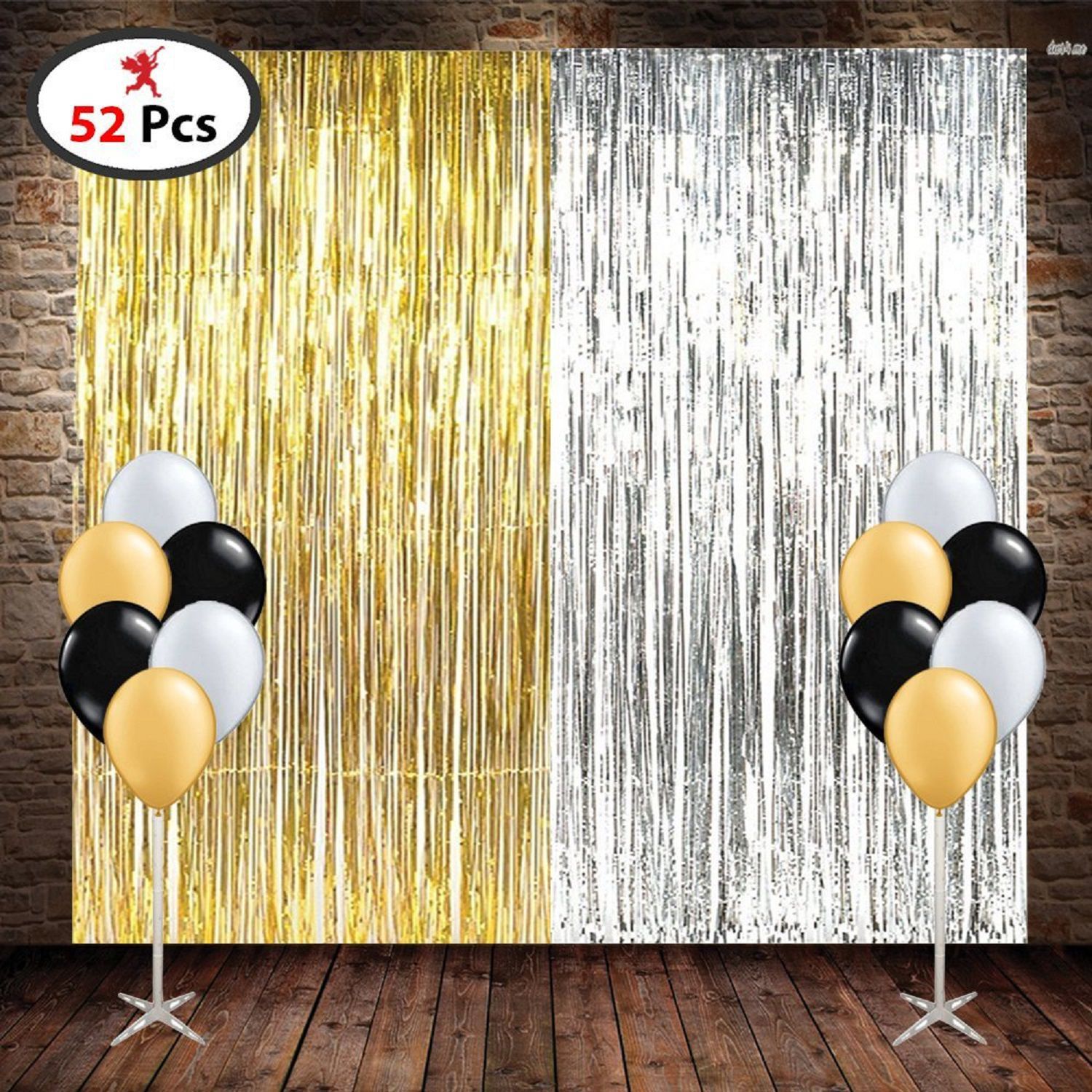     			Party Propz Decoration Set Combo Include Foil Curtain 2 Pcs, Black White And Golden Color Latex Balloon 50 Pcs, Set Of 52q