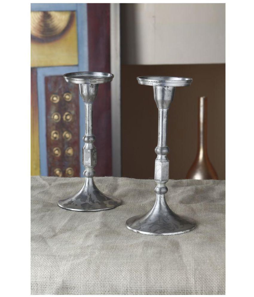 Anasa Decor Silver Floor Iron Pillar Candle Holder Pack Of 2